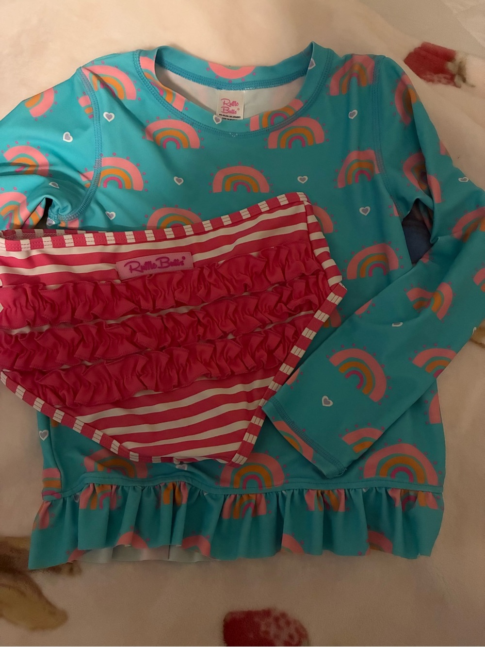 Ruffle Butts Turquoise Rainbow Ruffle Swim Set with Pink Striped Ruffle Bottoms